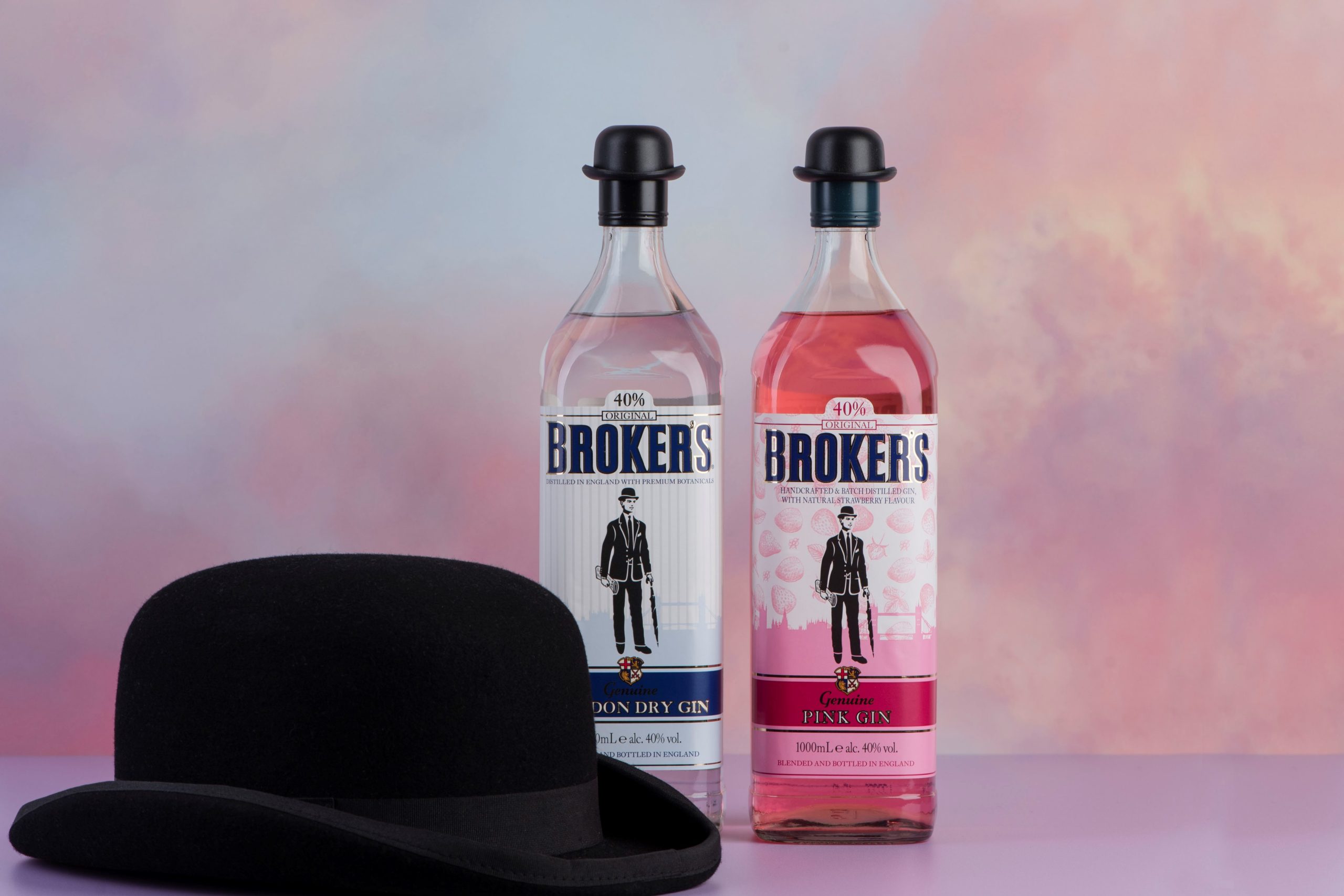 Broker's Gin bottles and bowler hat